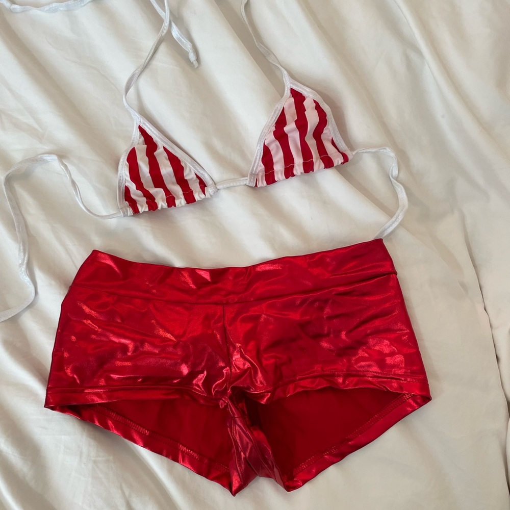 Red and white striped bikini top with red micro shorts